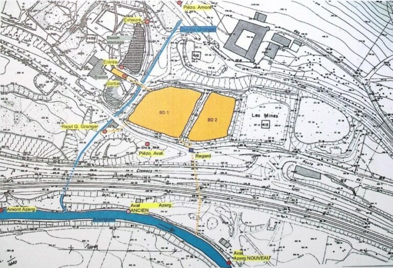 Carte des infrastructures de traitement des eaux issues des travaux miniers avec les points de prélèvement du suivi de la qualité des eaux